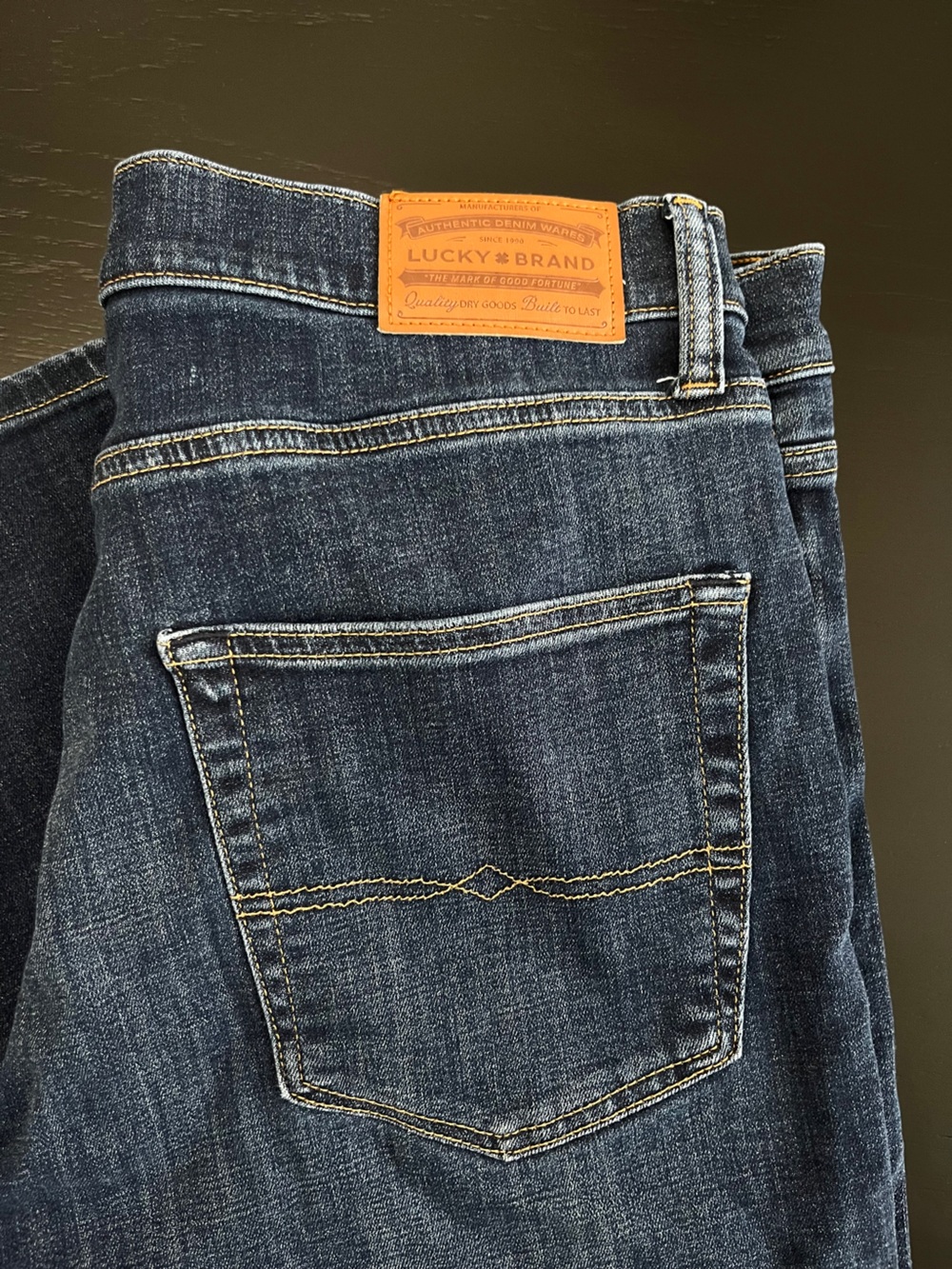 Lucky Brand Men's Straight Leg Dark Blue Jeans with Contrast Stitching